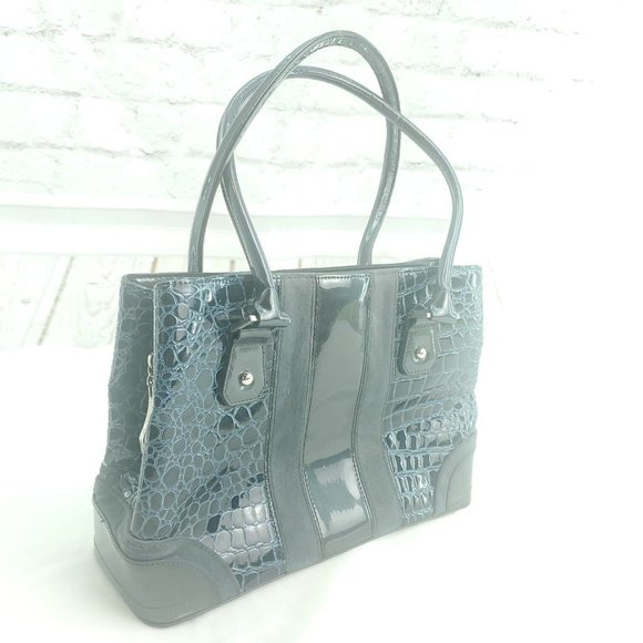 Beijo Womens Navy Blue Faux Croc Print Embossed Magnetic Double Strap Handbag - Picture 3 of 15